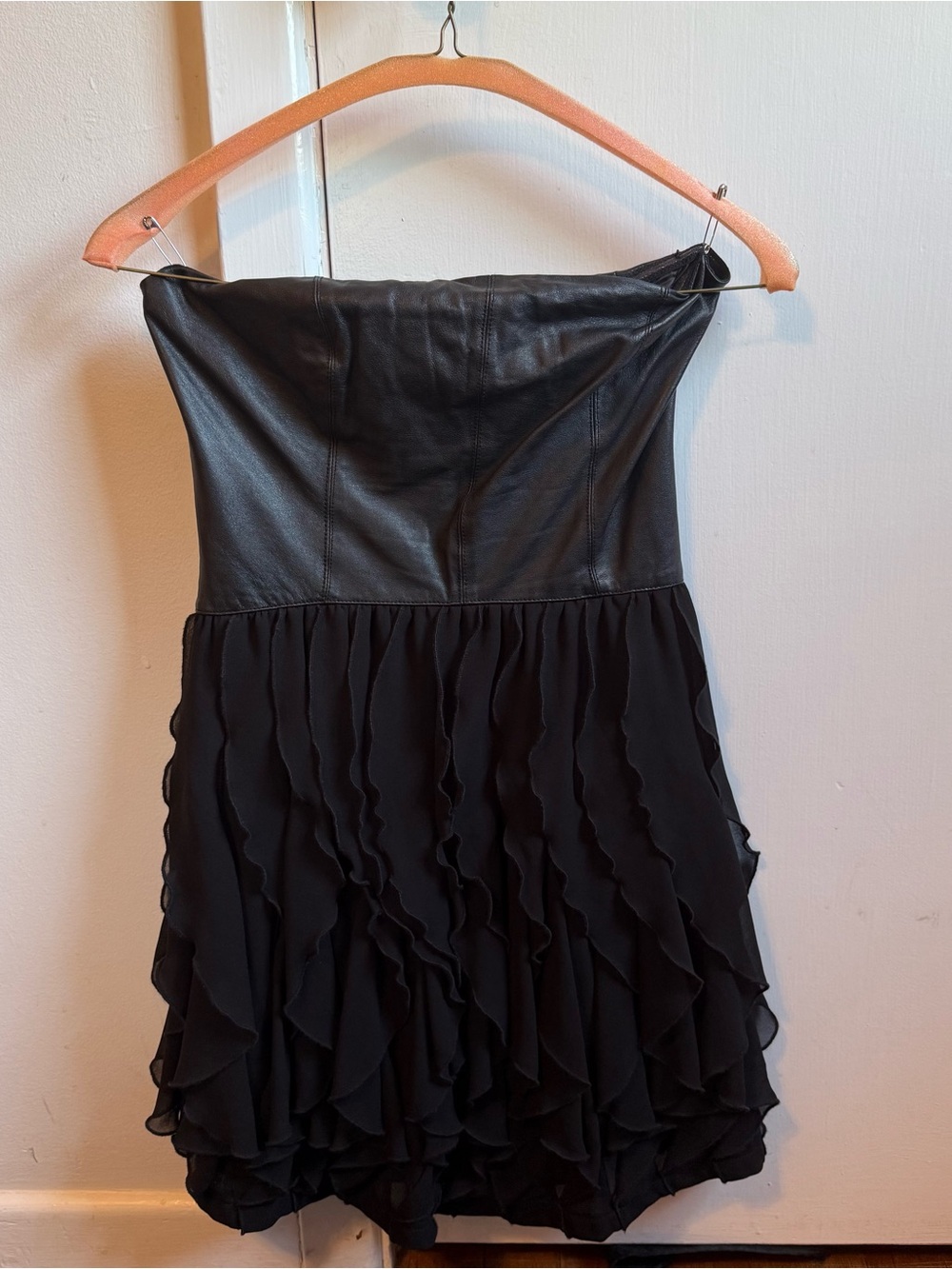 Blaque Label Strapless Black Faux Leather & Ruffled Dress
